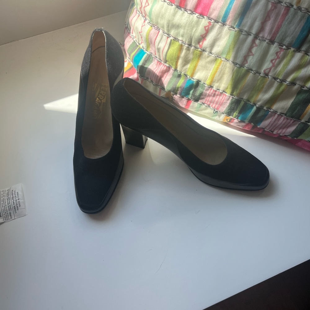 Salvatore Ferragamo Black Suede Mid Block Heel Pumps